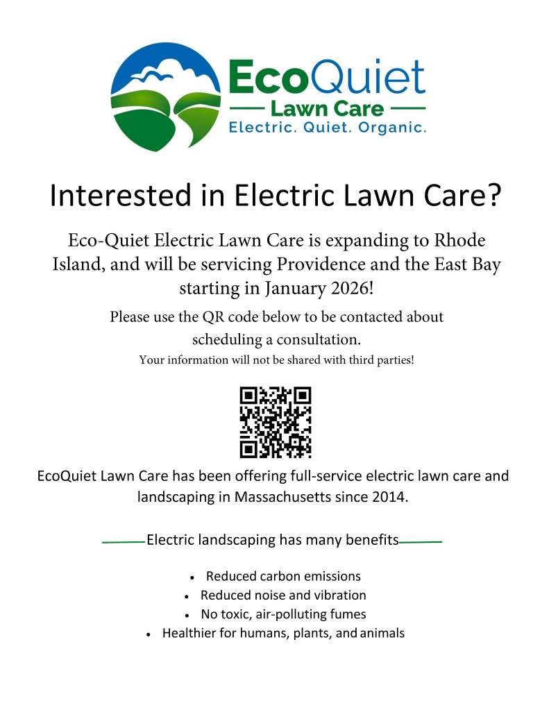 flyer announcing electric battery powered lawn care in Rhode Island